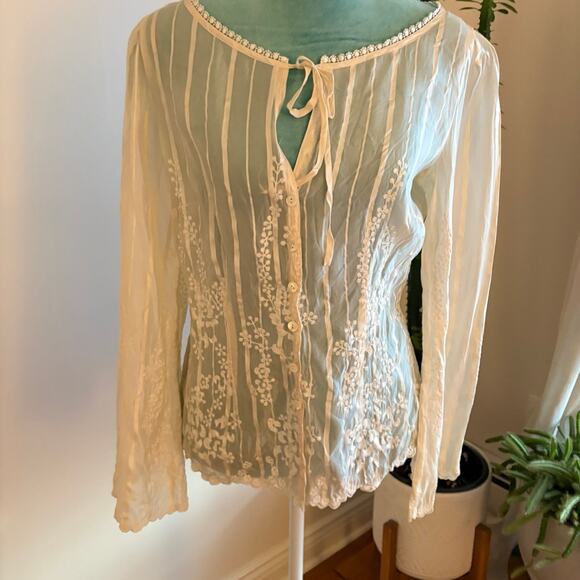 Tops - Silk Floral Lace Boho Blouse Cream Embroidered Fairycore Victorian Romantic S